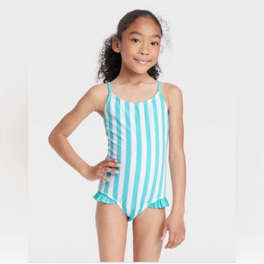 CAT & JACK Aqua and White Striped One-piece Swimsuit NWT